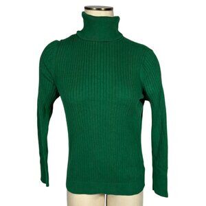 Talbots Women's Green Ribbed Turtleneck Sweater W/ Gold Button Cuff Size Medium